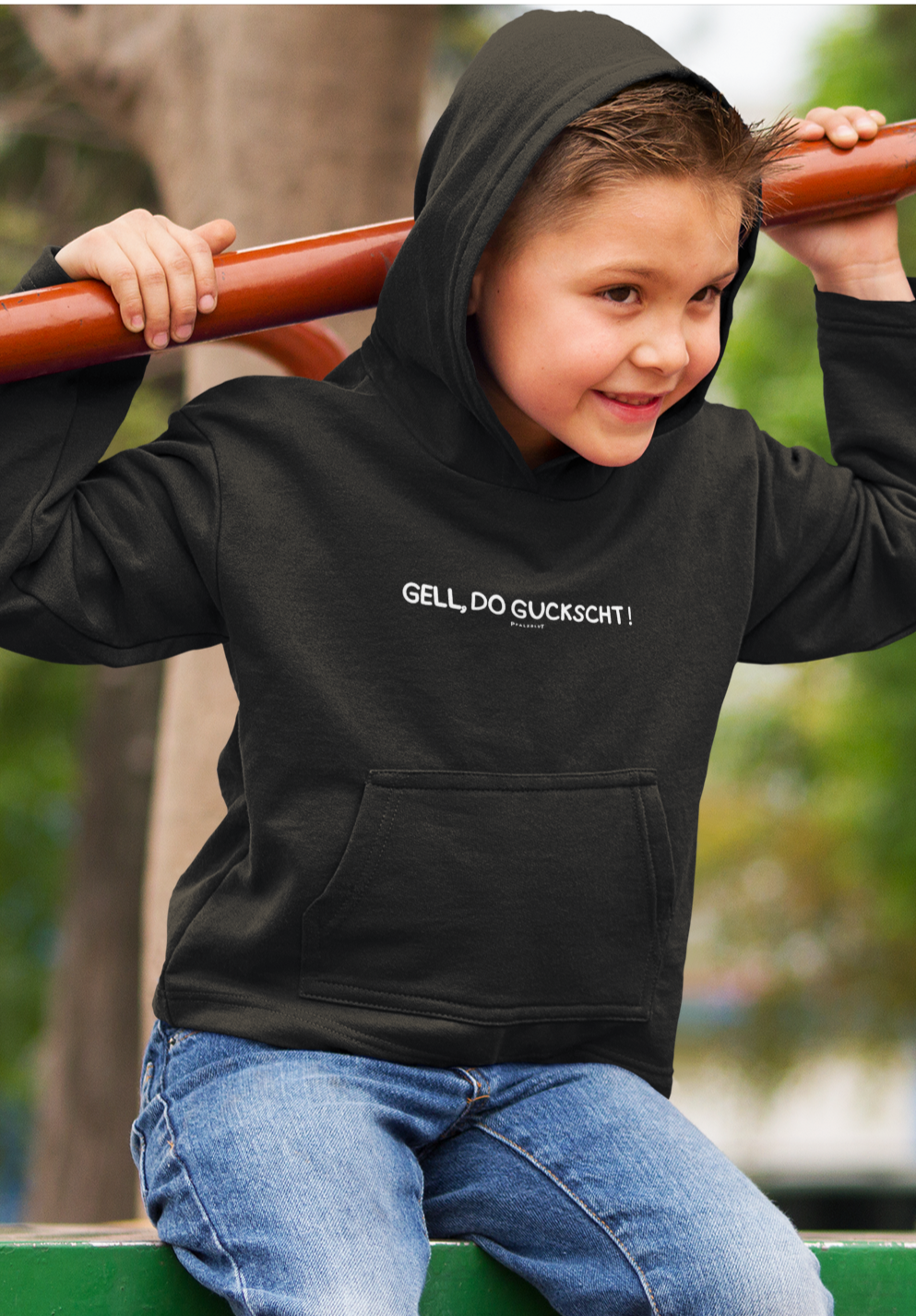 Kinder Premium Bio Hoodie "Gell, do guckscht"